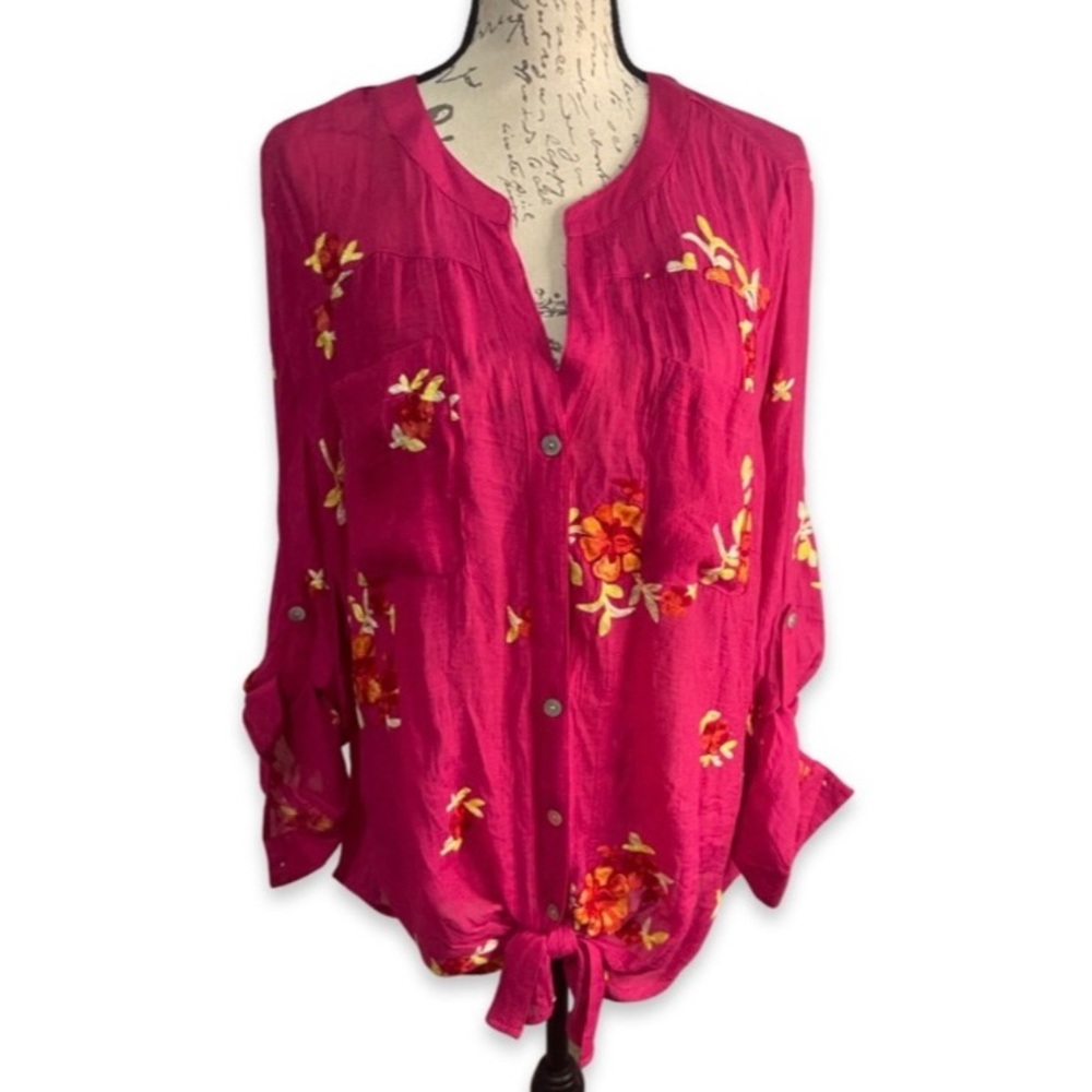 Anthropologie Fig & Flower Pink Floral Embroidered Surplice Neck Blouse